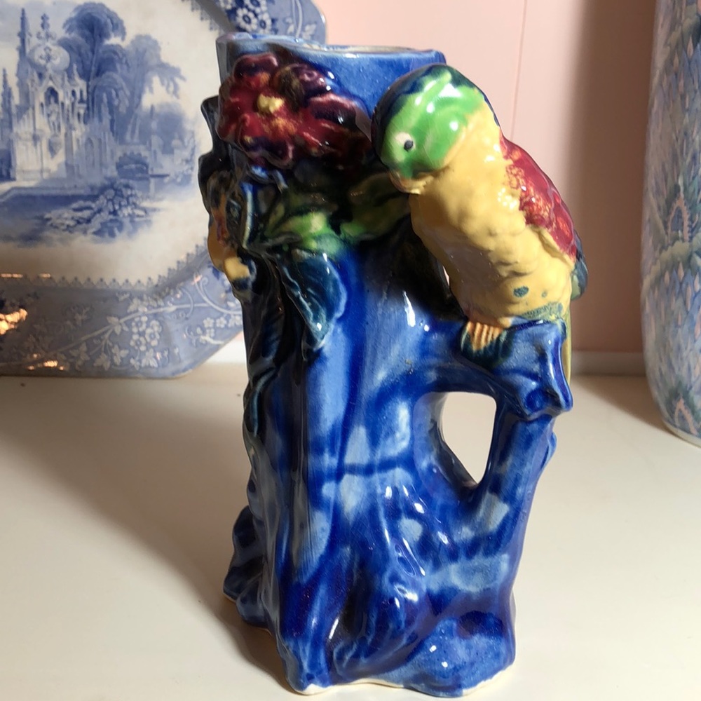 Ceramic Parrot Vase- post WW2 Japan-majolica glaze